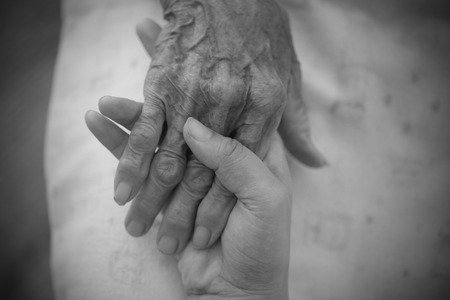 Hands of the old woman. Black and White.の写真素材
