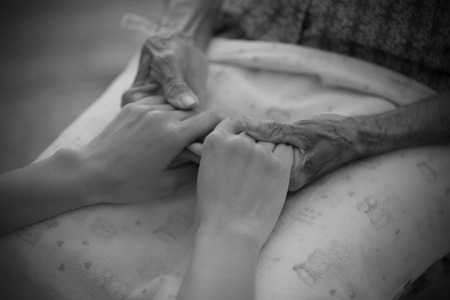 Hands of the old woman. Black and White.の写真素材