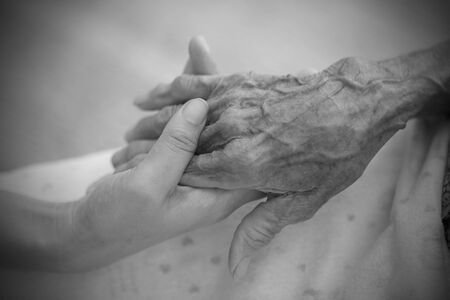 Hands of the old woman. Black and White.の写真素材