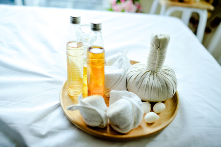A beautiful spa element on a white fabric floor called a couch. Health Spa Equipmentの写真素材