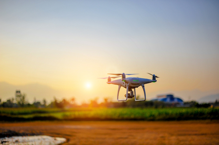 Drones aerial photography equipment Of photographers taking aerial photography. To explore the terrainの写真素材