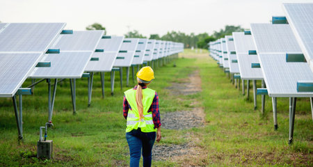 A young female solar cell engineer is working hard. Working in alternative energy Solar energyの写真素材