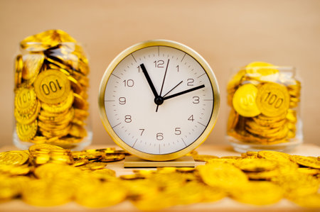 Gold Coins Save gold coins in glass jars. Conceptの写真素材