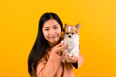 Cute Asian woman with his chihuahua chihuahua dog lover The happiness of a girl who loves his dog The love of people and cute dogs photo shoot in orange studioの写真素材
