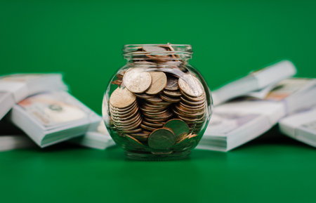 Money saving coins in a glass jar next to the dollar bill. financial income, salary, financial...