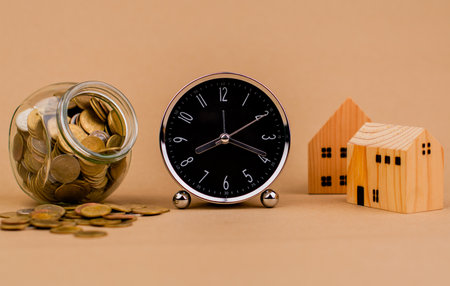 house money and time financial loan home loan financial investment Time of work, investment, saving money to build a house, buy a house, loan, home tax, first house, rented house, sell a houseの写真素材