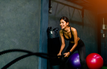 Exercise with a rope swing arm exercises young women's arm muscle building in the gym and smiling...