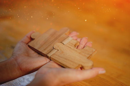 jigsaw, puzzle pieces, wooden jigsaw, unity, building blocks and teamwork Connection and communicationの写真素材