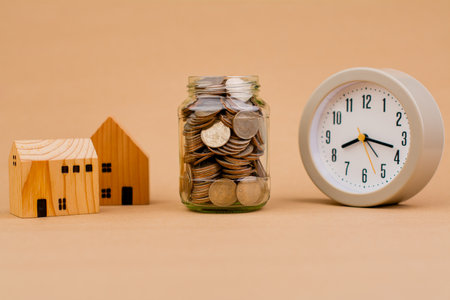 Money, house and time, financial loans, home loans, save money to build a house and buy a house. Savings, investments, coin banks, wages, salaries, cash flow, capital contributions, support funds.の写真素材