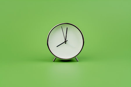White modern alarm clock on a light green background. Time concept and working with precious timeの写真素材