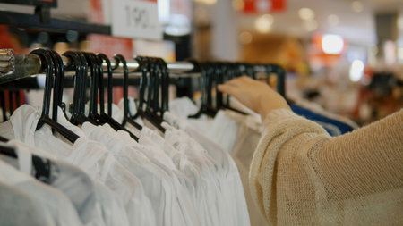 Shopping for clothes in a department store, clothes racks, travel and shoppingの写真素材