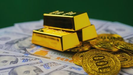 Dollar and gold symbols of financial success and wealth. Investment in currency and valuable assets.の写真素材