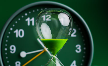 Hourglass stops time of work and life. Process and rules of limited time. Hourglass photo in studio.の写真素材