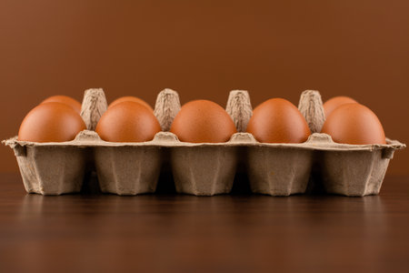 Fresh, clean chicken eggs arranged neatly in an egg tray. Healthy food with high protein content.
