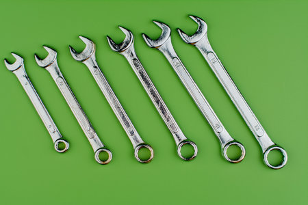 Wrench set, tools for engine repair and maintenance of machinery in technical and engineering work.の写真素材