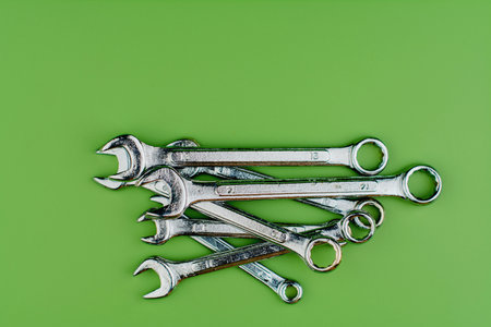 Wrench set, tools for engine repair and maintenance of machinery in technical and engineering work.の写真素材