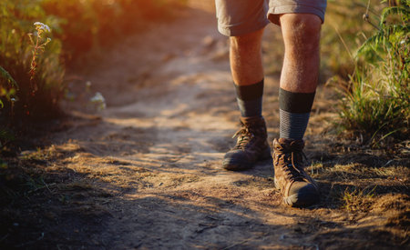 Trekking, adventure in the big forest and exploring the area for tourists, hiking shoes, hiking...