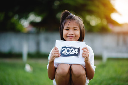 A cute little girl is holding a 2024 calendar, smiling happily, with a youthful and optimistic outlook. The girl's eyes are sincere.の写真素材