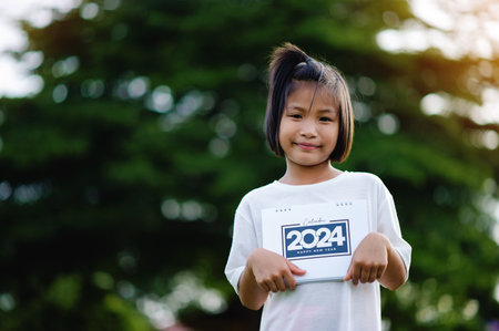 A cute little girl is holding a 2024 calendar, smiling happily, with a youthful and optimistic outlook. The girl's eyes are sincere.の写真素材