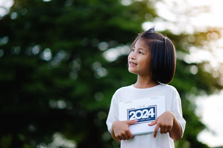 A cute little girl is holding a 2024 calendar, smiling happily, with a youthful and optimistic outlook. The girl's eyes are sincere.の写真素材