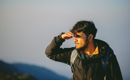 Hikers are looking for adventurous, challenging mountain trails and the conquest of mountain peaks.の写真素材