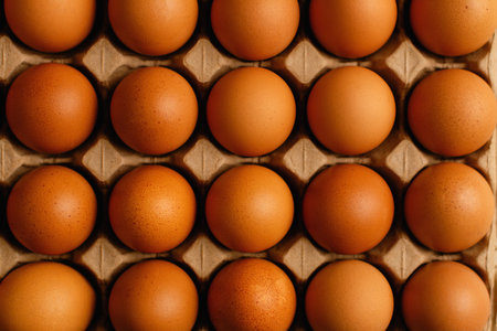 Brown chicken eggs, fresh chicken eggs, high-protein food, photograph showing neatly arranged eggs.の写真素材