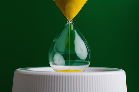 The yellow hourglass counts down, illustrating the concept of time and how to manage time most effectively.の写真素材
