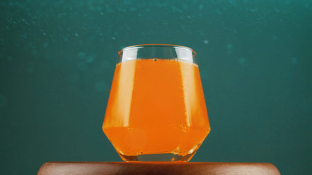 A glass of orange juice sits on a table against a green backdrop in a studio photograph with...