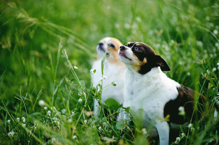 The little Chihuahua looked intently at the lights ahead. The Chihuahua then sat playing in the grass.の写真素材