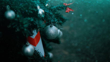 Christmas trees and celebrations of joyful and snowy days.Beautiful Christmas ornaments on the Christmas tree.の写真素材