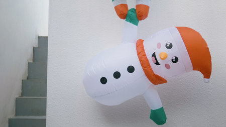 Snowman in a winter landscape setting, a cafe decoration in Thailand.の写真素材