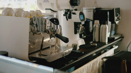 Coffee shop counters and the opening of a coffee shop by a barista who owns a small coffee shop.の写真素材