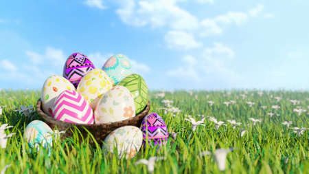 Colorful Easter Eggs in Basket on grass Field