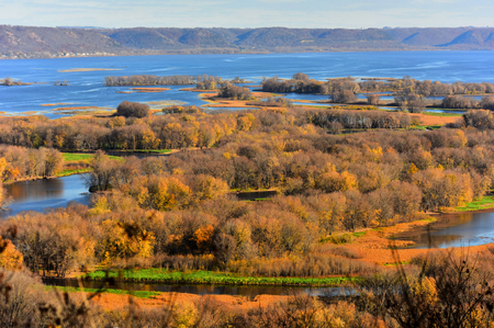 Fall - Hilltop View of Mississippi River at Lansing, Iowaの写真素材