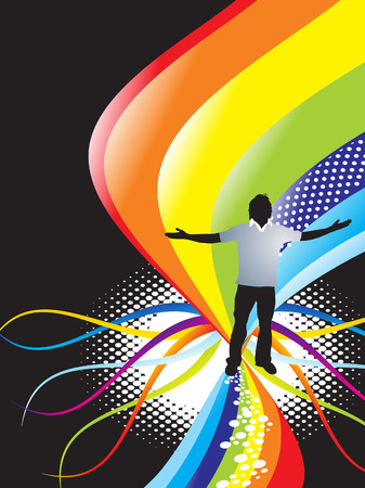 abstract rainbow wave background with standing pose of young boy illustratorのイラスト素材