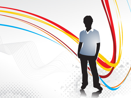 abstract colourful rainbow wave lines and a young condfidence boy with blank space of sample text のイラスト素材