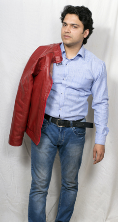 indian male model in blue shirt with side zacketの写真素材