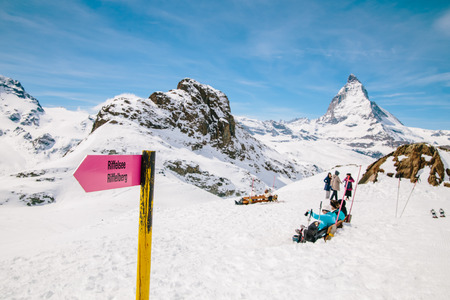 Directional sign post with the background of Matterhorn.の写真素材