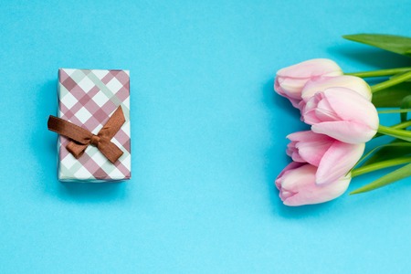 Pink tulips on the blue background with gift box. Flat lay, top view. Valentines background.