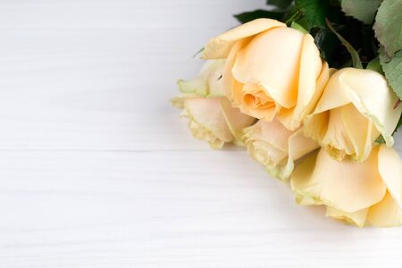 Bouquet of beige roses on white wooden vintage background, flat lay, top view, copy space. Mothers day. Valentines day.の写真素材