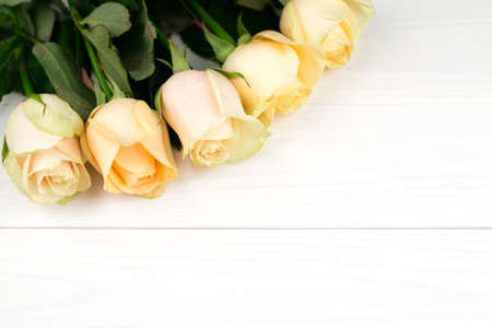 Bouquet of beige roses on white wooden vintage background, top view, copy space. Mothers day. Valentines day.の写真素材