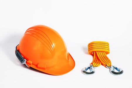 orange helmet with nylon slingの写真素材