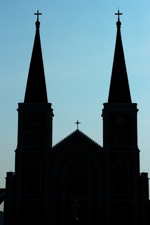 Silhouette church of christ with sky in the morningの写真素材