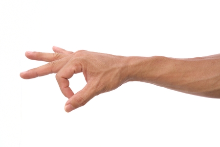 Man hand show strum symbol on isolated white backgroundの写真素材