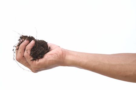 Hand shown soil hold on isolated white background
