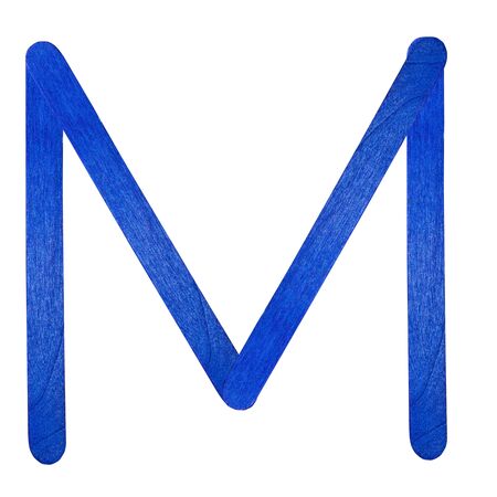 M English alphabet by blue wood on isolated white backgroundの写真素材