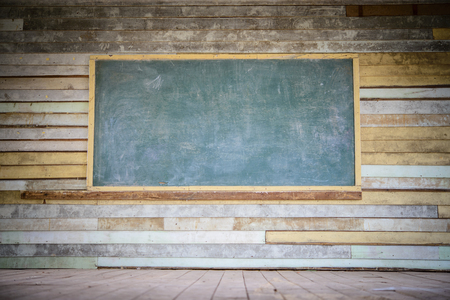 Old green chalkoard texture background  on old wood wallの写真素材