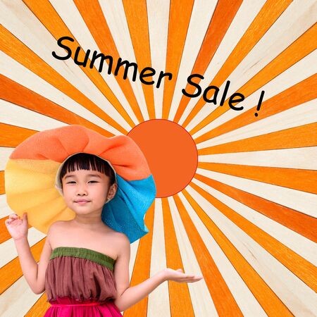 Little girl fashion portrait for summer with orange wood backgroundの写真素材