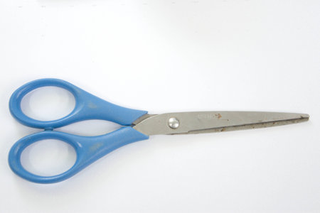 blue scissors in white isolatedの写真素材