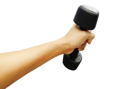Hands holding dumbbells in sport club on white backgroundの写真素材